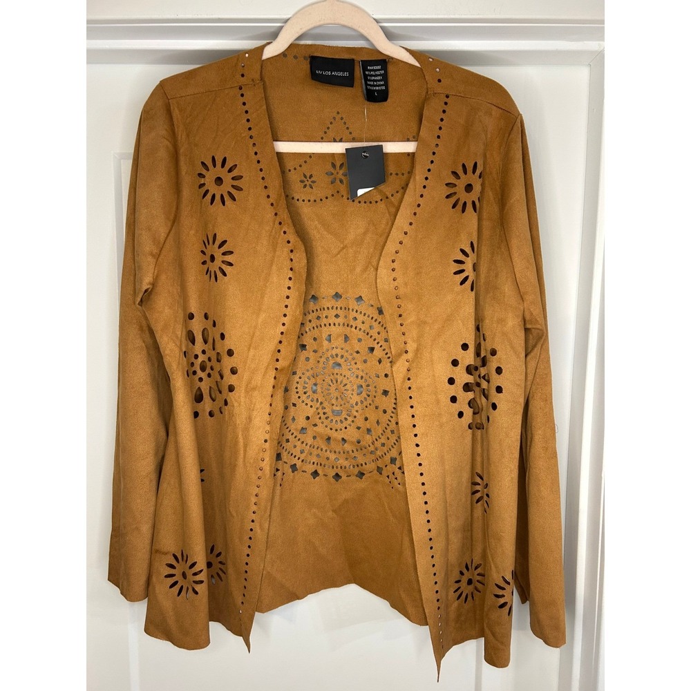 NEW Liv Los Angeles Faux Suede‎ Laser Cut Open Front Cardigan Tan Womens Large